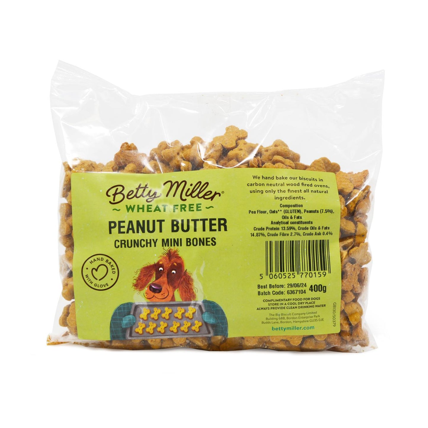 BETTY MILLER WHEAT FREE PEANUT BUTTER MINI BONE BISCUITS 400G